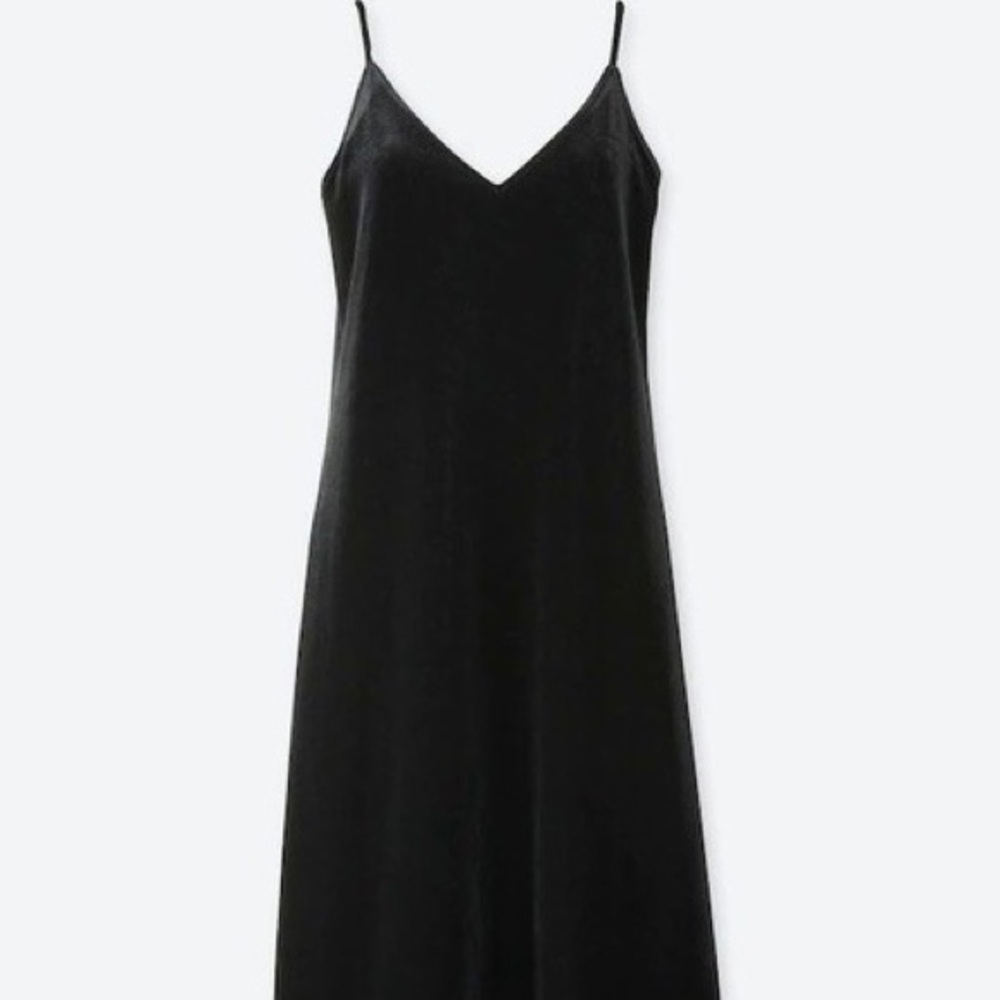Uniqlo Black Velvet Cami Midi Dress Velour Camisole Vampy Dark Academia - XS